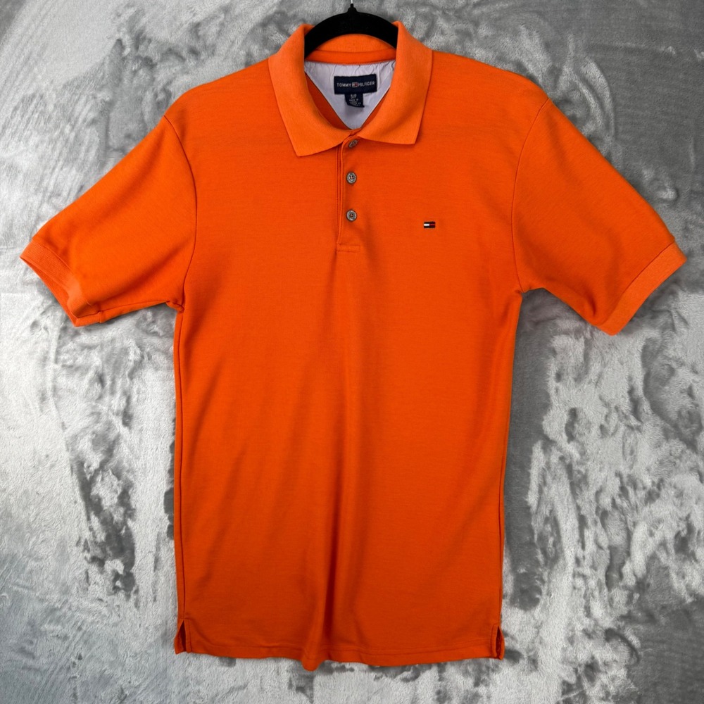 Tommy Hilfiger Mens Orange Pique Short Sleeve Polo Shirt Size Small Flag Logo